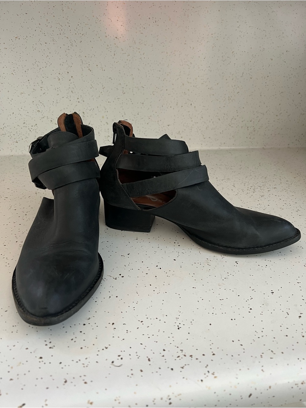Women’s Black Everly Leather Ankle Boots with Strappy Cutouts